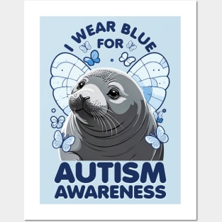 Cute Seal Autism Awareness - I Wear Blue For Autism Awareness Posters and Art